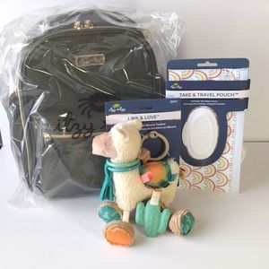 BUNDLE Itzy Ritzy Olive Backpack Diaper Bag, Travel Wipes Case & Llama Lovey